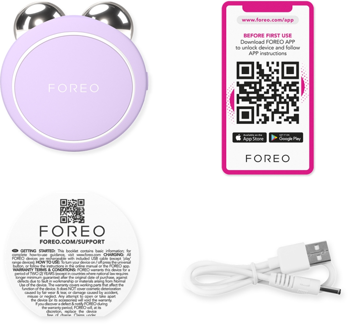 FOREO BEAR 2 Go Lavender, microcurrent facial device what is included in packaging